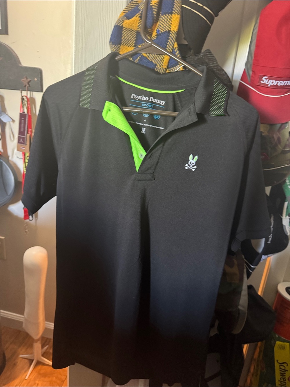 Psycho Bunny Black sport polo with neon green accents. Men’s 4 (small)